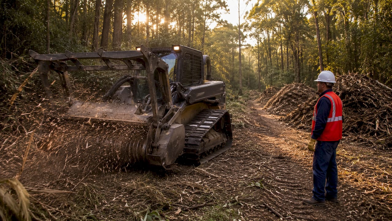 Forestry mulching machine sustainably chipping woody debris