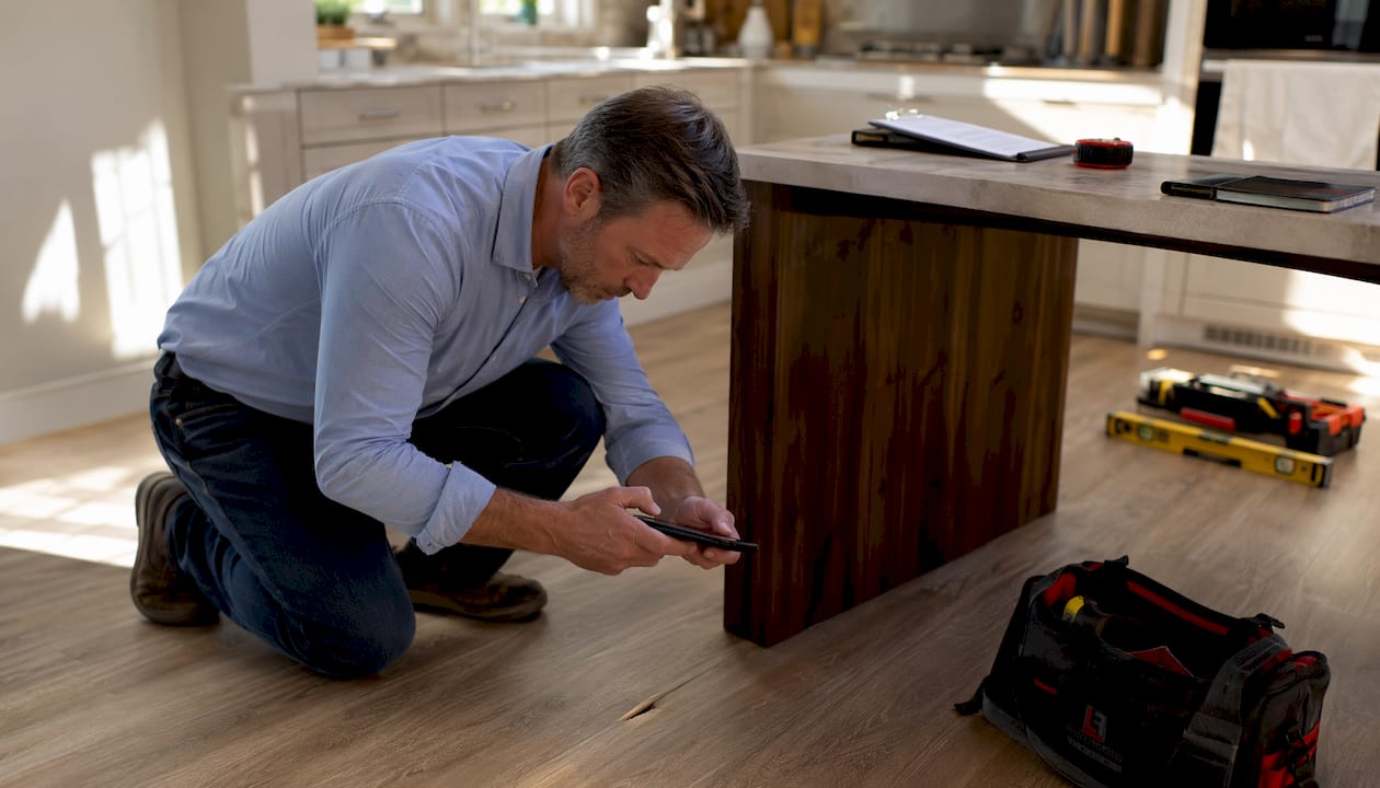 Hands photographing floor defect for warranty claim