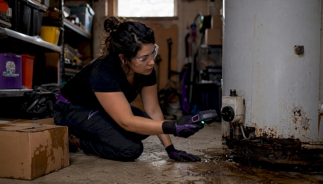 Woman inspecting water heater leak in basement