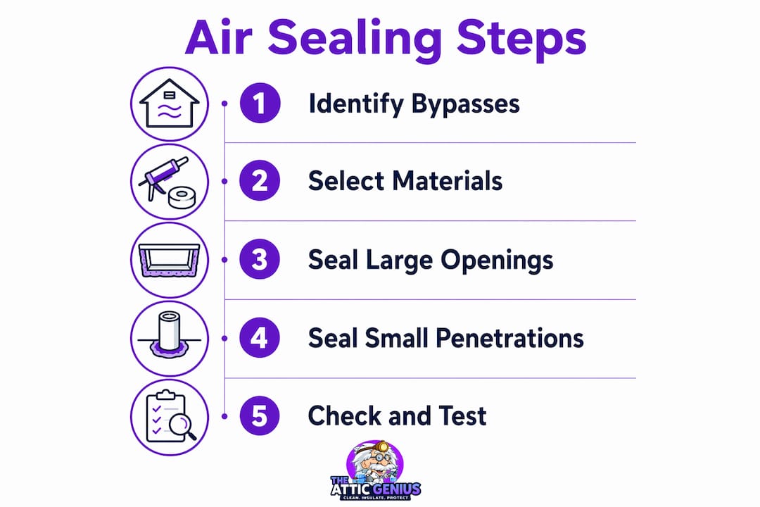 Infographic outlining attic air sealing steps