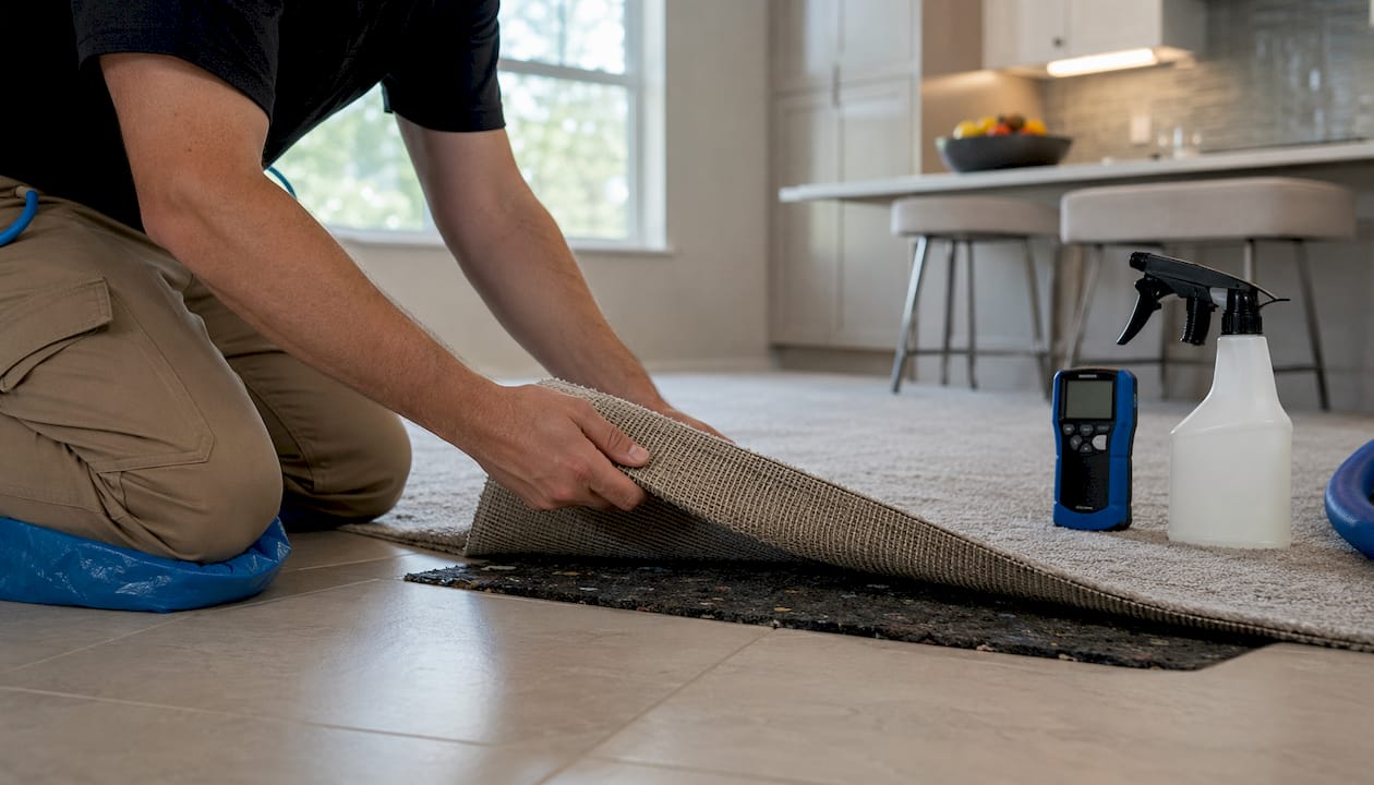Technician inspecting saturated carpet padding