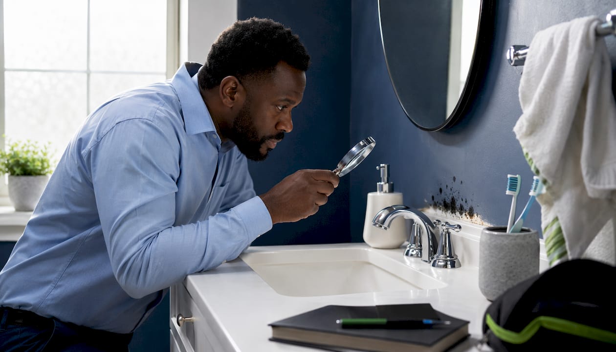 Man inspecting mold spot in clean bathroom