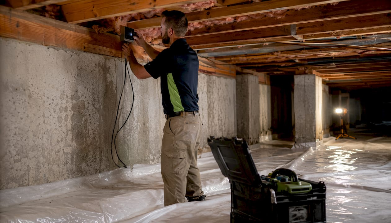 Hands measuring humidity in crawlspace
