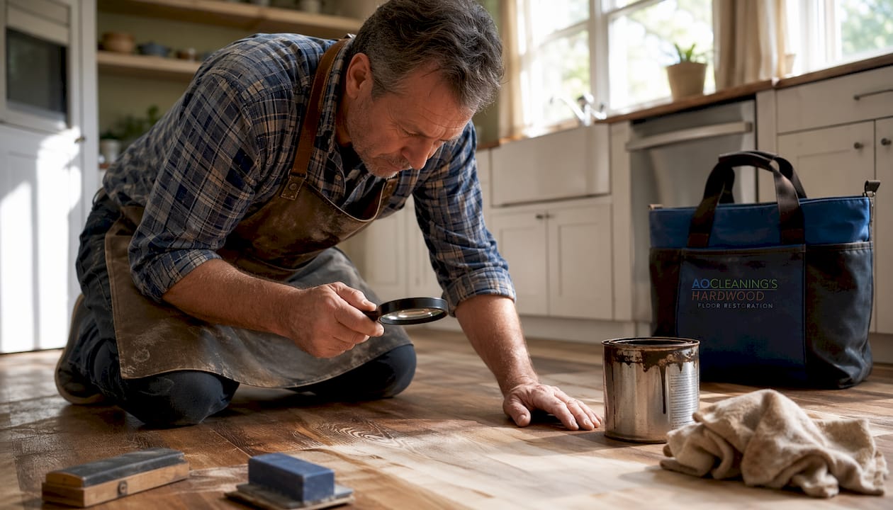 Craftsman inspecting porous hardwood floor