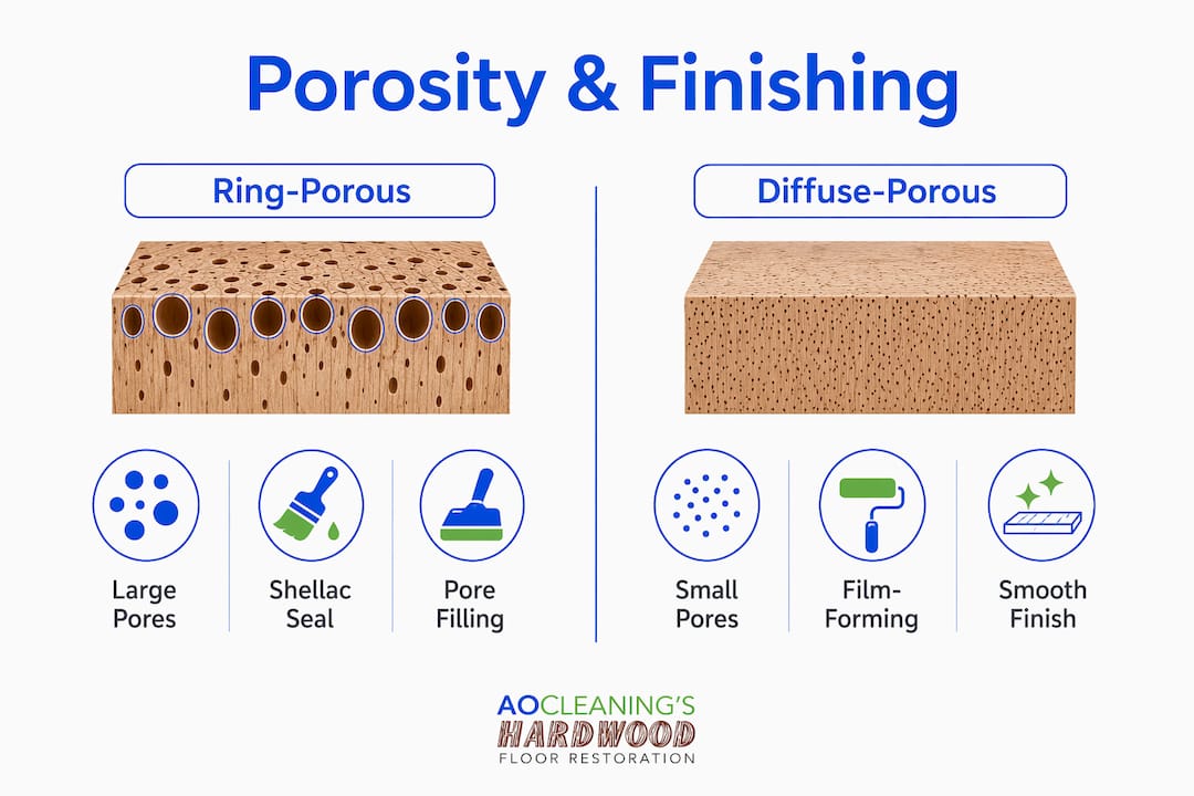 Infographic comparing finishing methods by wood porosity