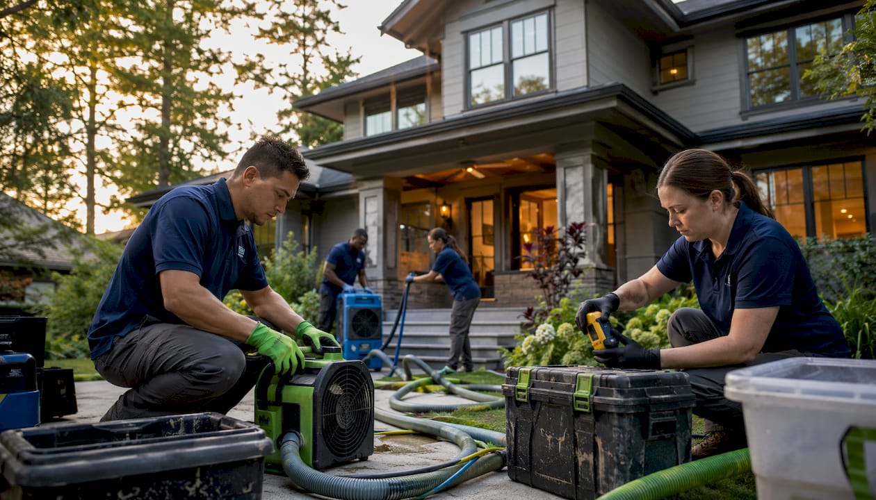 Restoration team unloading emergency equipment outdoors
