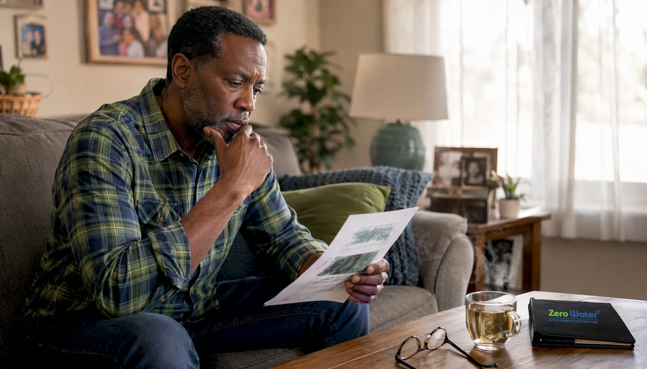 Man reviewing mold test health report at kitchen table