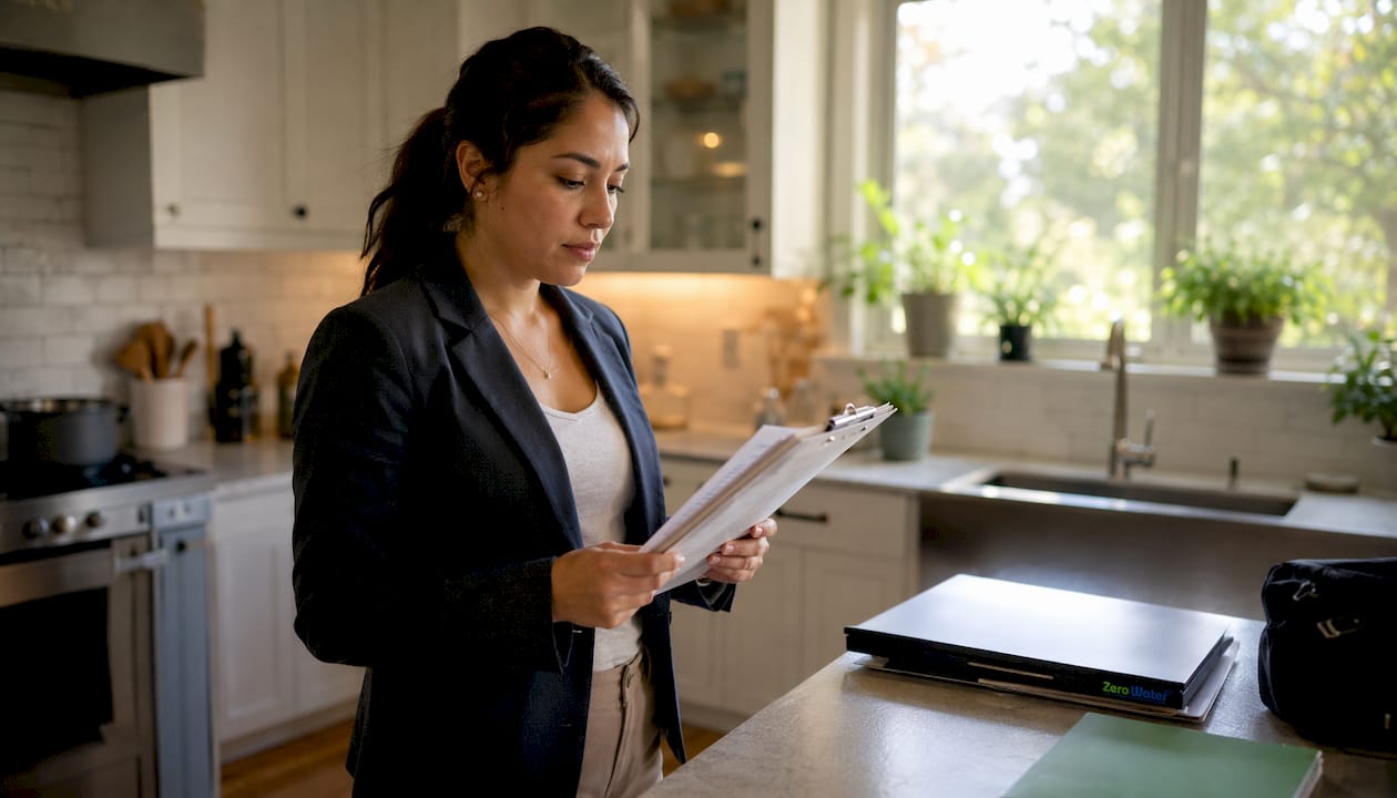 Woman reviewing insurance claim documents in office