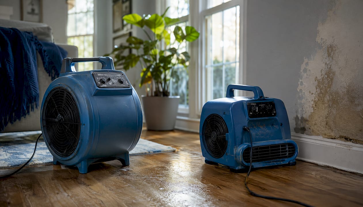 Close-up of commercial air movers drying carpet