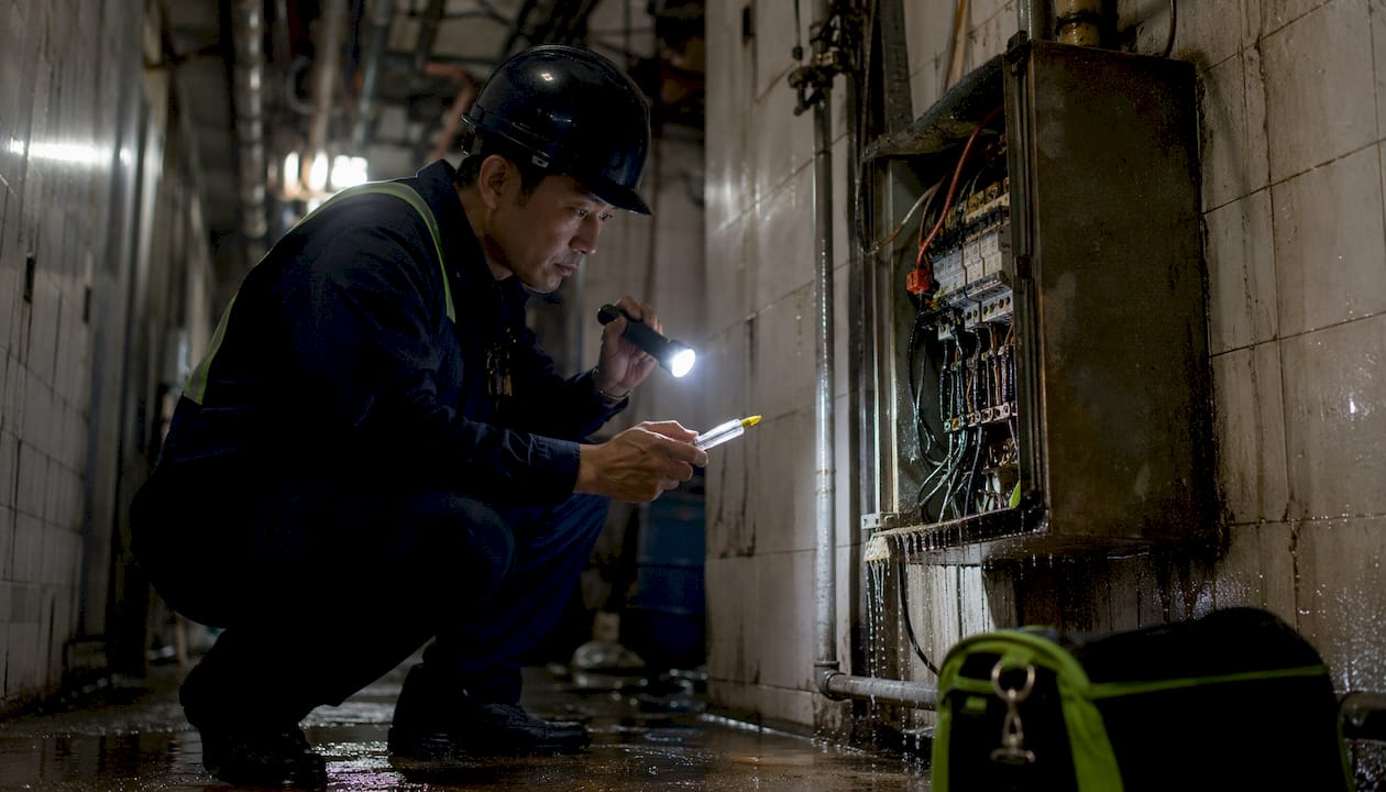 Electrician inspecting flooded electrical panel