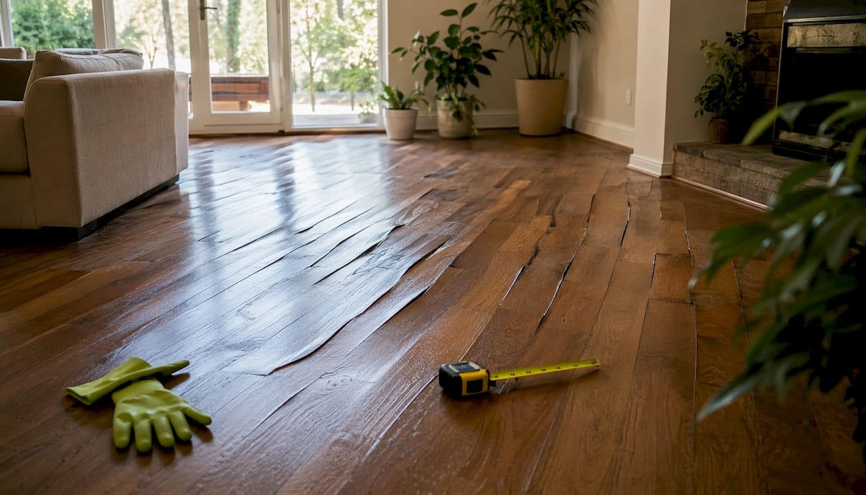 Warped hardwood floor showing water damage