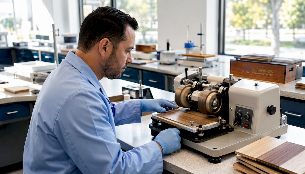 Technician testing hardwood floor abrasion resistance