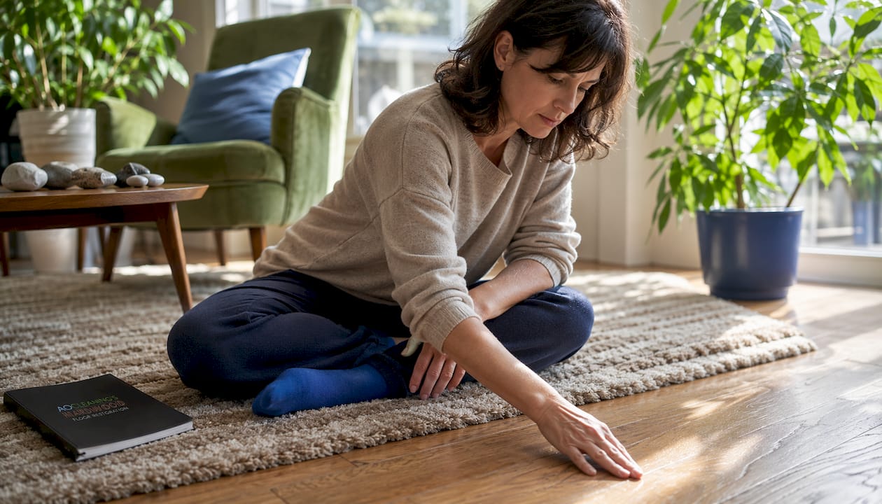 Woman inspecting hardwood floor surface wear