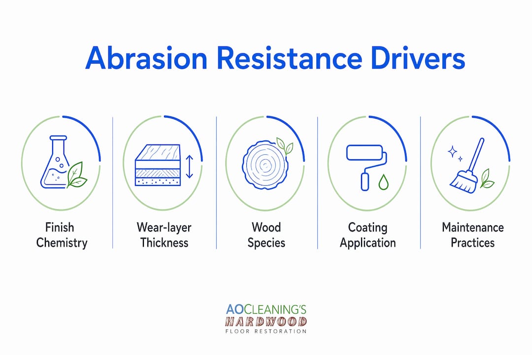 Infographic showing key drivers of hardwood floor abrasion resistance