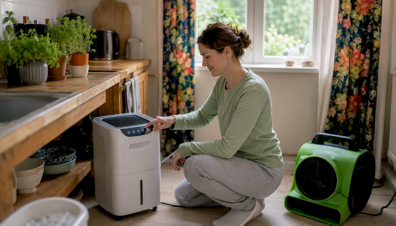 Homeowner operating dehumidifier near electrical wiring