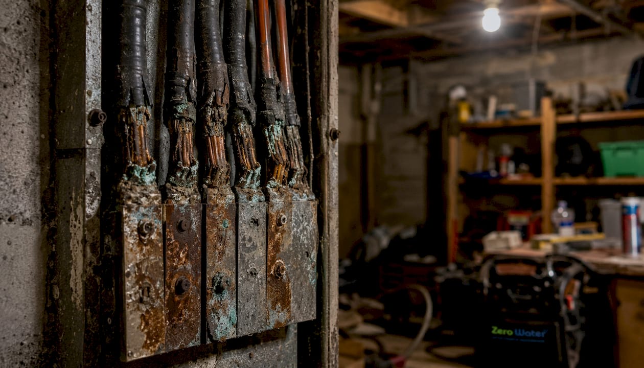 Close-up of corroded electrical panel components