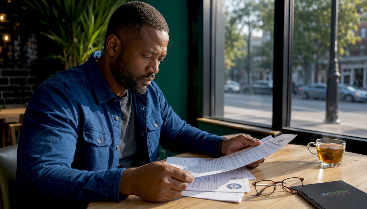 Man reviewing contractor insurance paperwork indoors