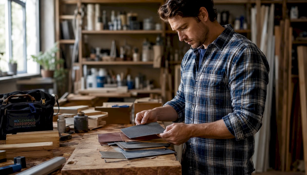 Hands holding sanding grit sheets in workshop
