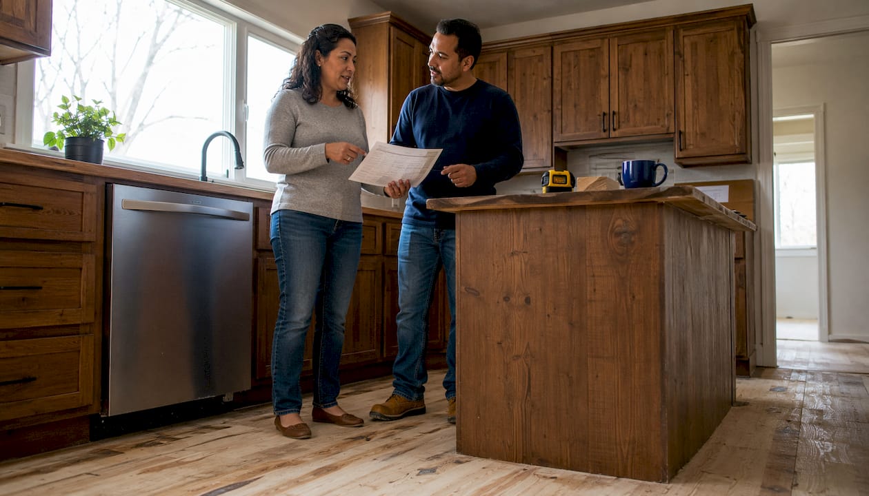 Homeowner consulting floor restoration pro indoors