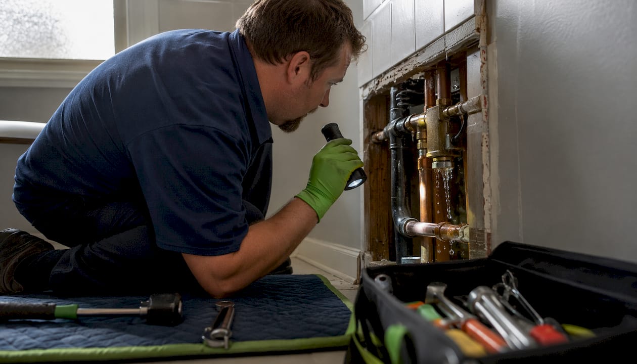 Plumber inspecting shower valve leak behind tile