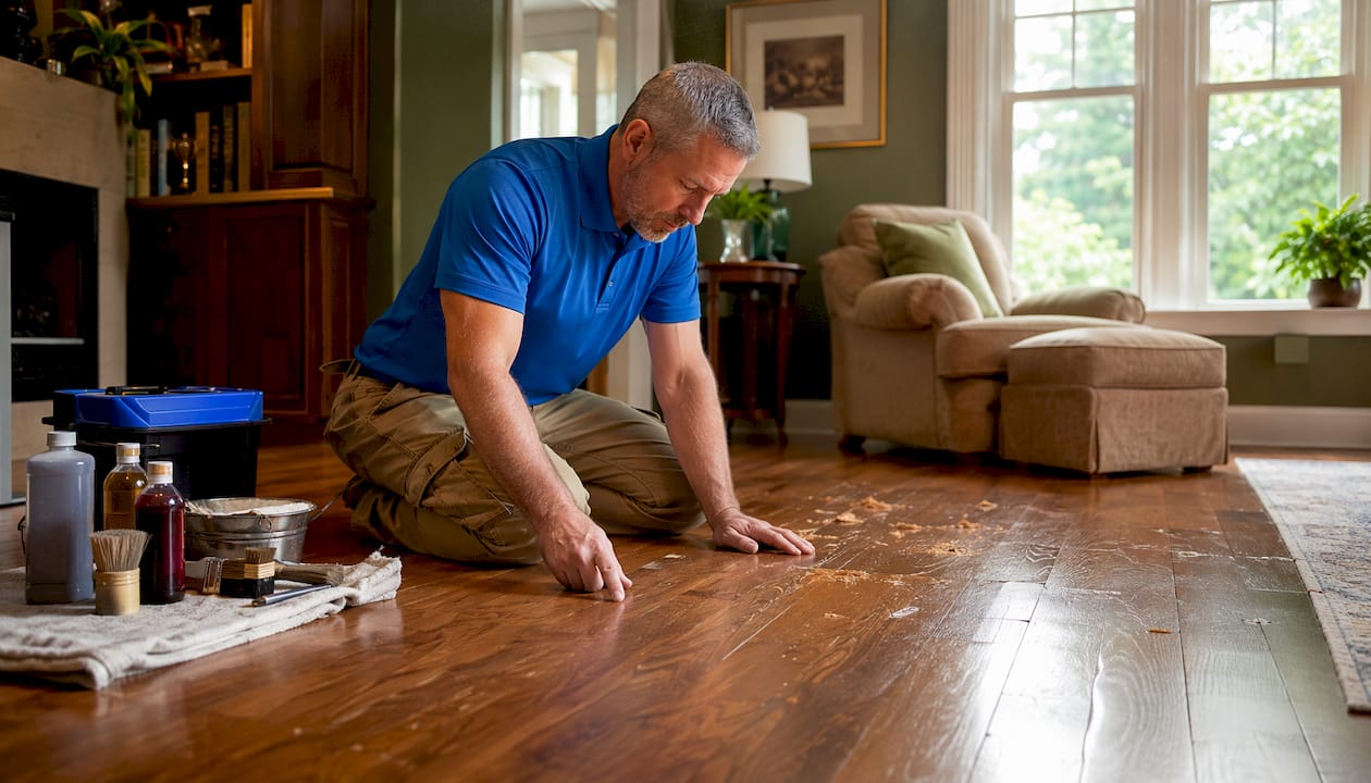 Technician inspecting hardwood floor restoration