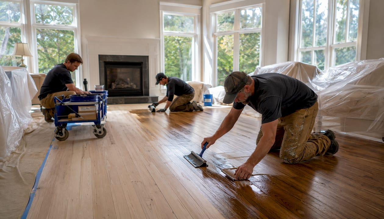 Crew restoring hardwood floors in home dining room
