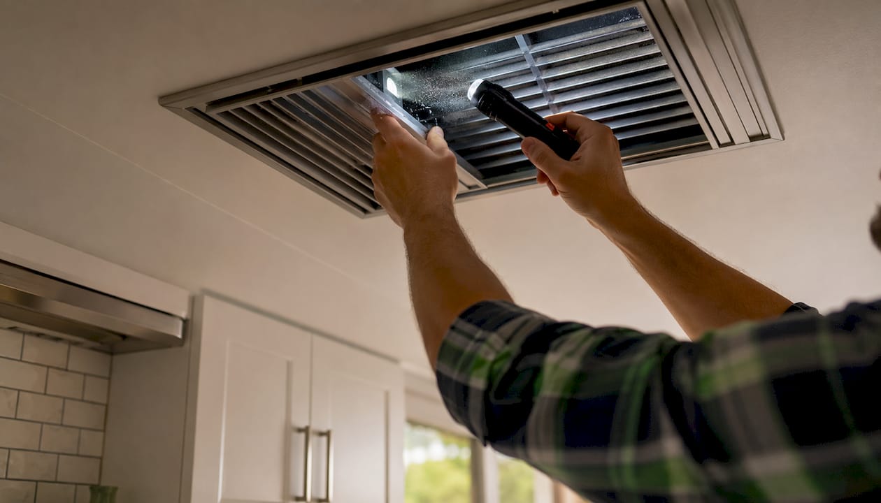 Hands shining flashlight inside vent grille for inspection