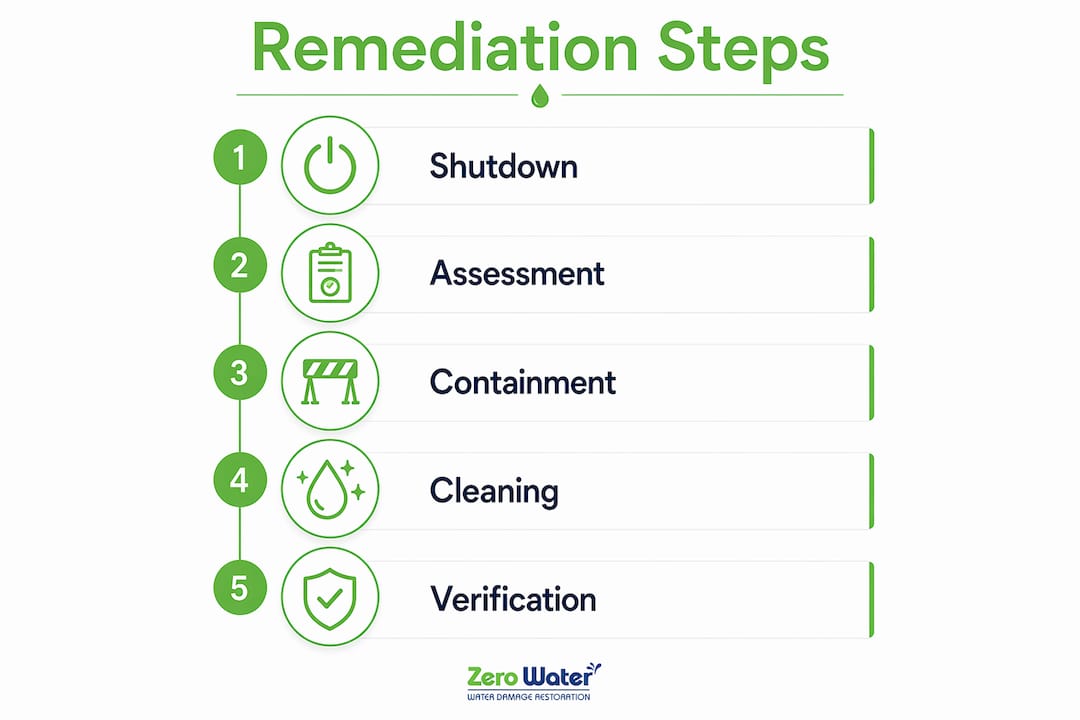 Infographic illustrating ductwork water damage remediation steps