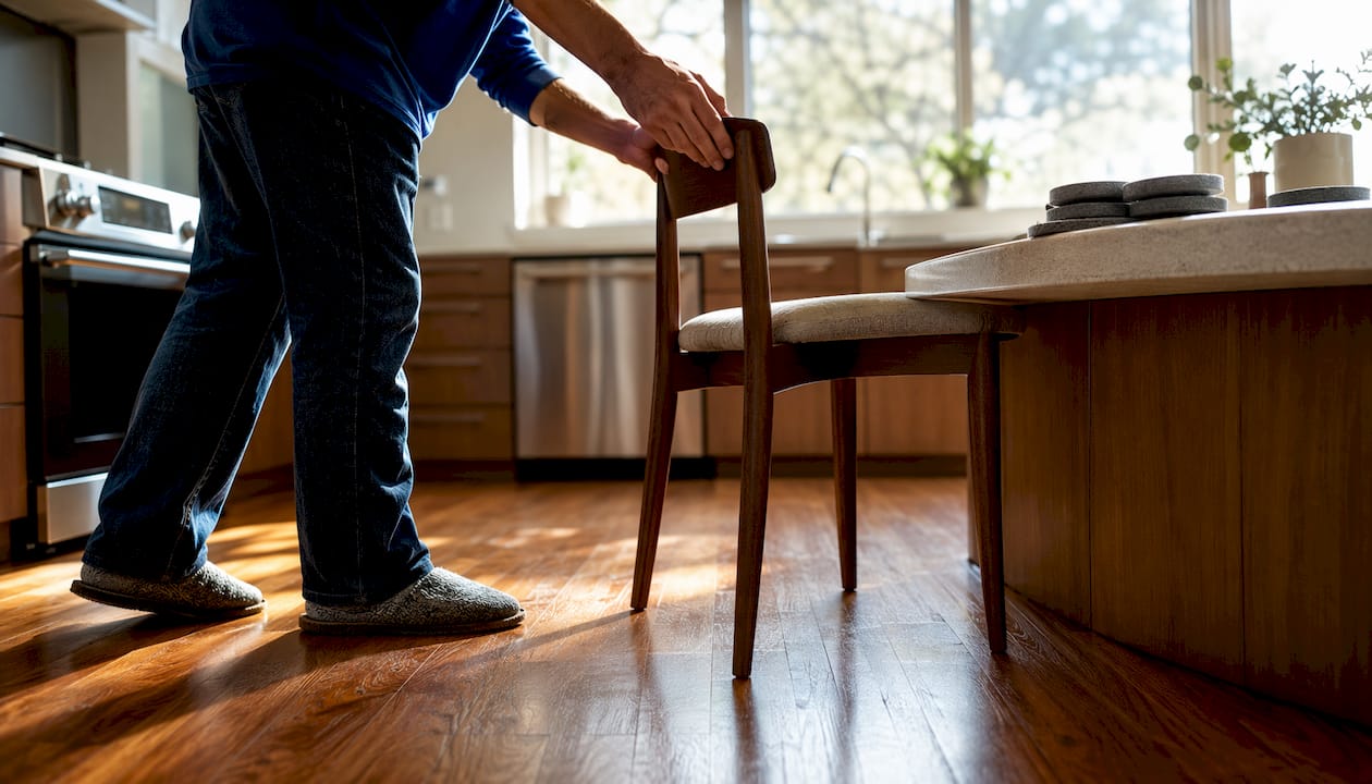 Person sliding chair causing hardwood floor scratches