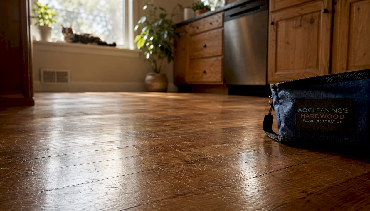 Scratched hardwood floor with furniture legs and pet nearby