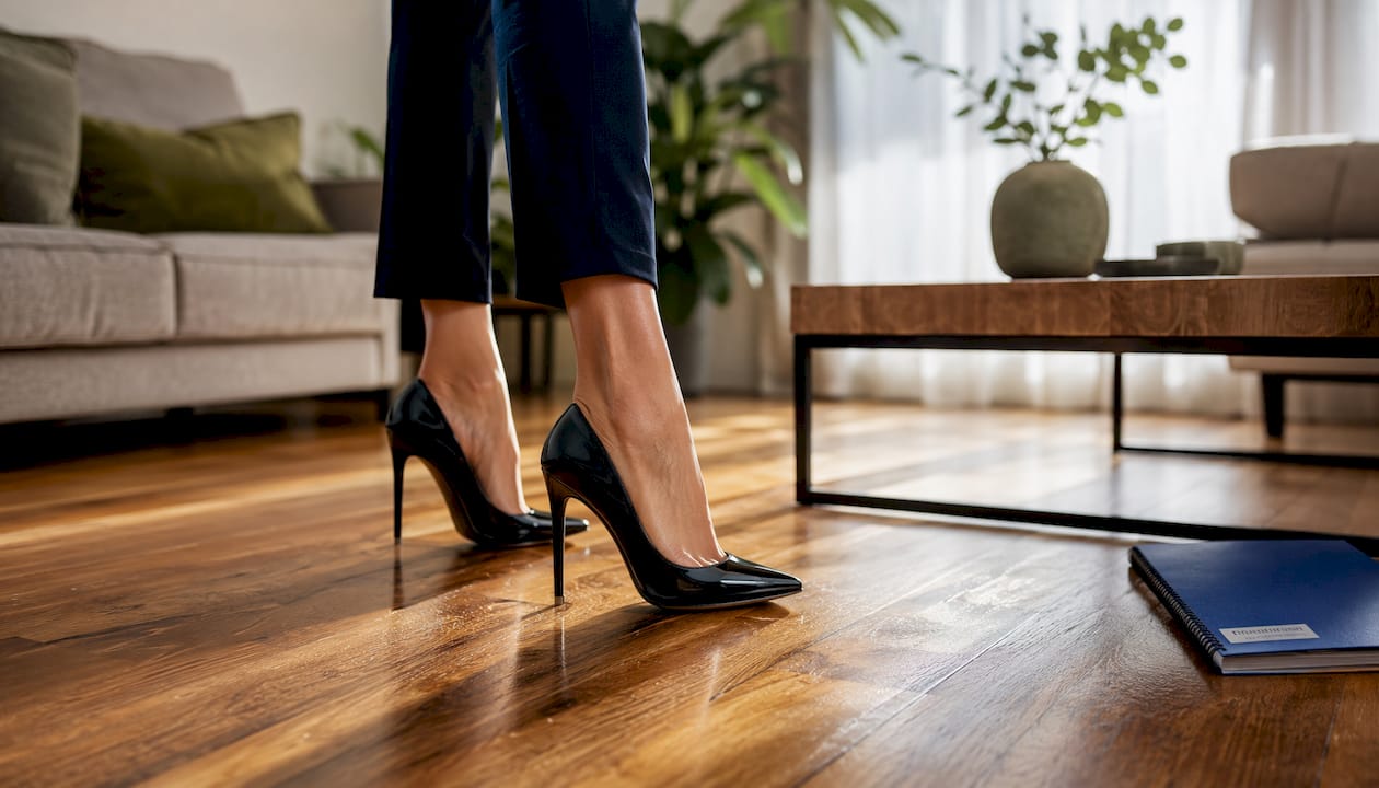 High heel pressing on hardwood floor surface