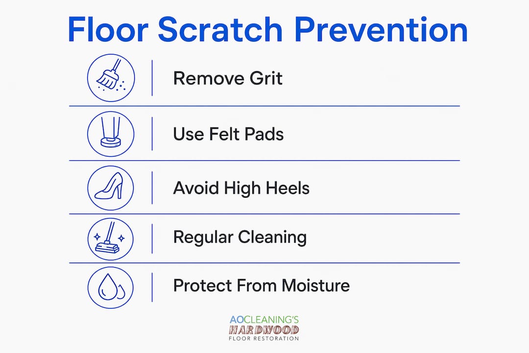 Infographic showing steps to prevent hardwood floor scratches