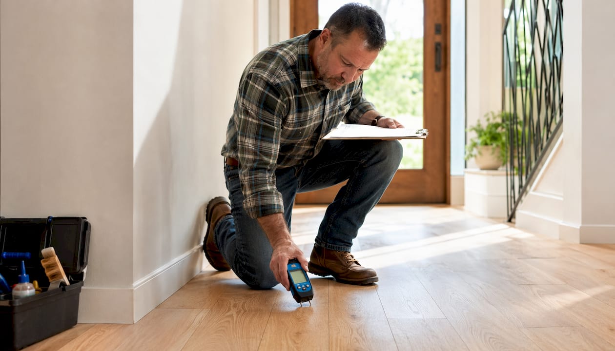 Contractor inspecting engineered hardwood floor
