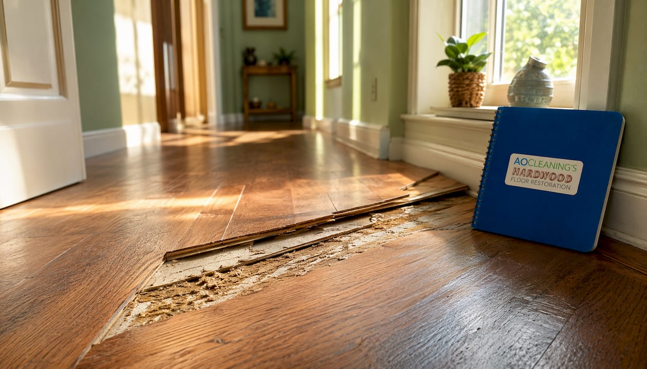 Close-up of hardwood floor delamination damage