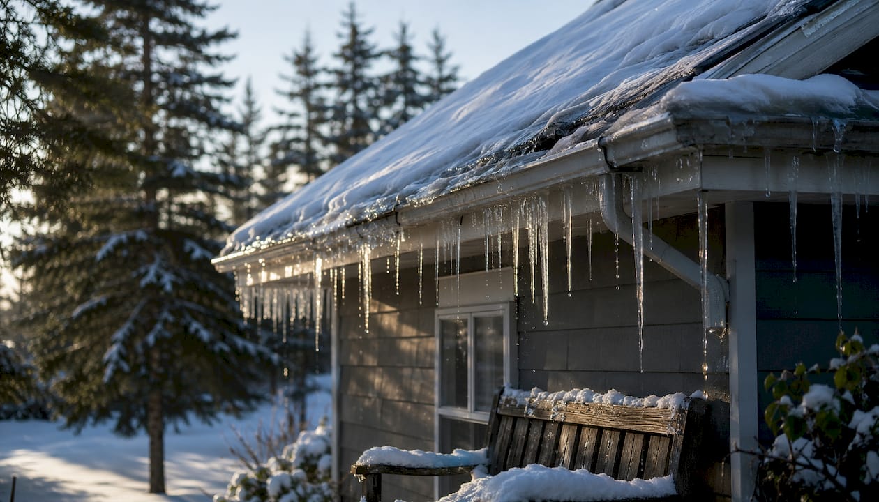 House roof with ice dam and melting snow