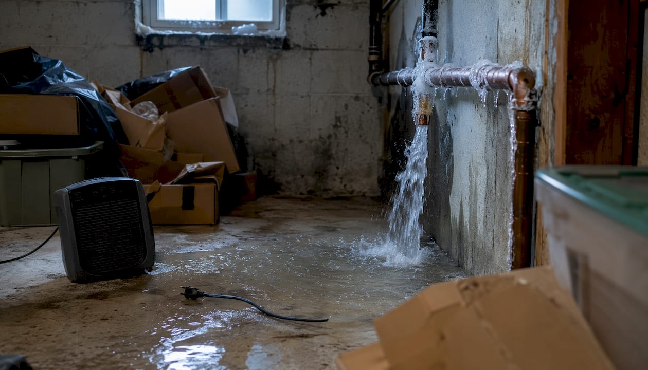 Burst frozen pipe leaking water in basement