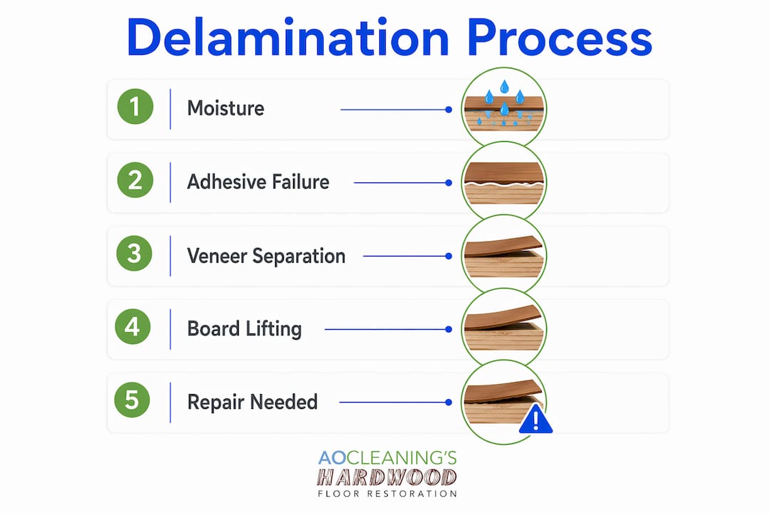 Infographic showing hardwood floor delamination process steps