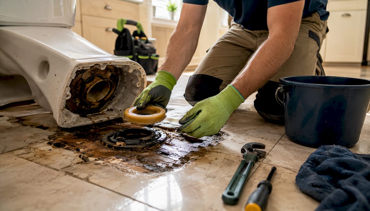 Plumber repairing leaking toilet wax ring and damaged subfloor