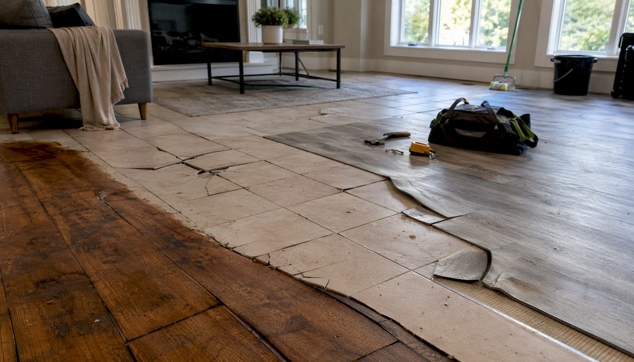 Close-up of water damaged hardwood, tile, and vinyl floors