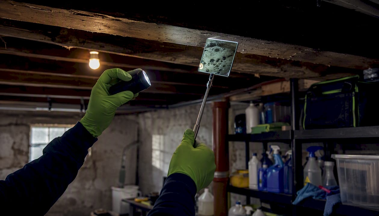Safe mold inspection using gloves and flashlight