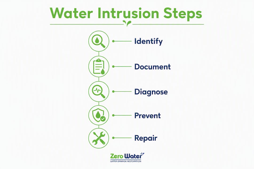 Infographic illustrating five steps of water intrusion