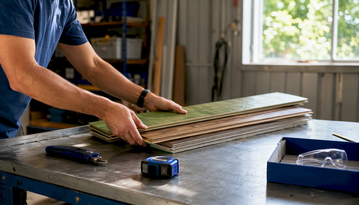 Hands organizing leftover vinyl flooring planks