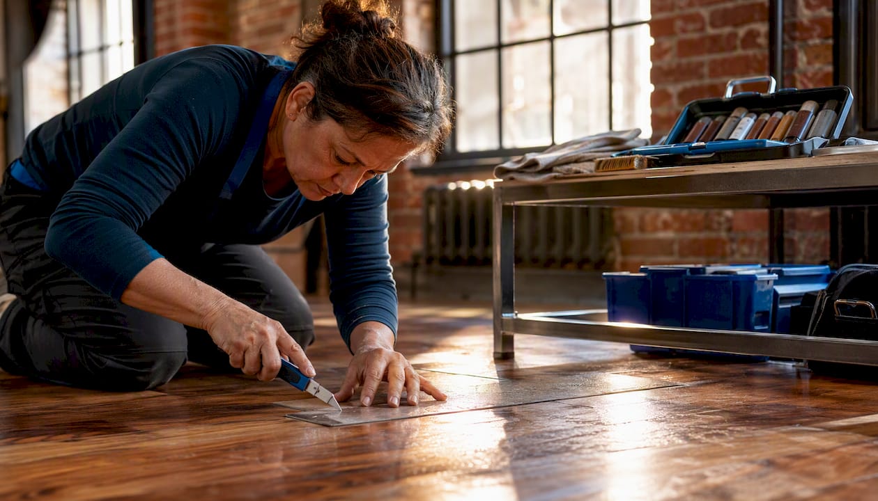 Woman repairing vinyl plank flooring at home
