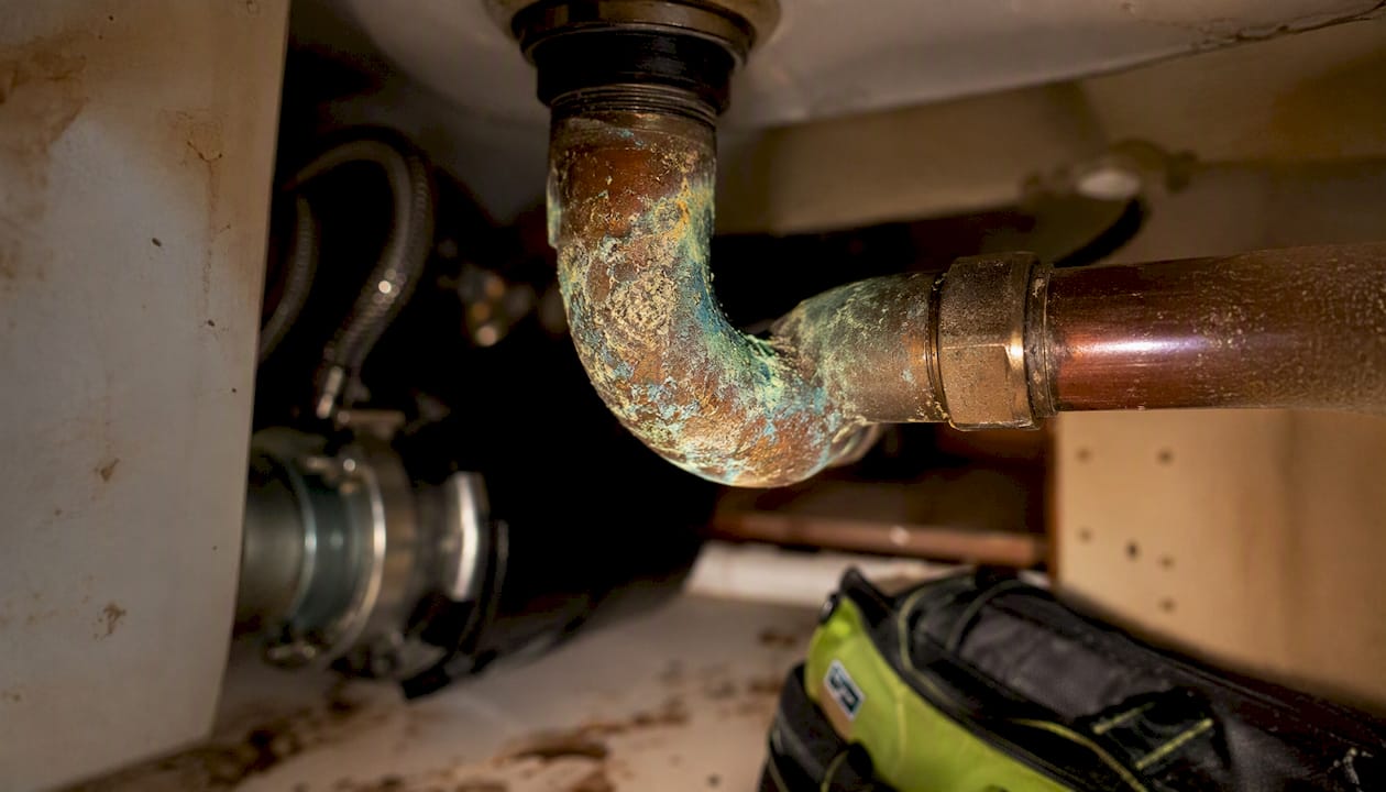 Close-up of corroded copper pipe elbow