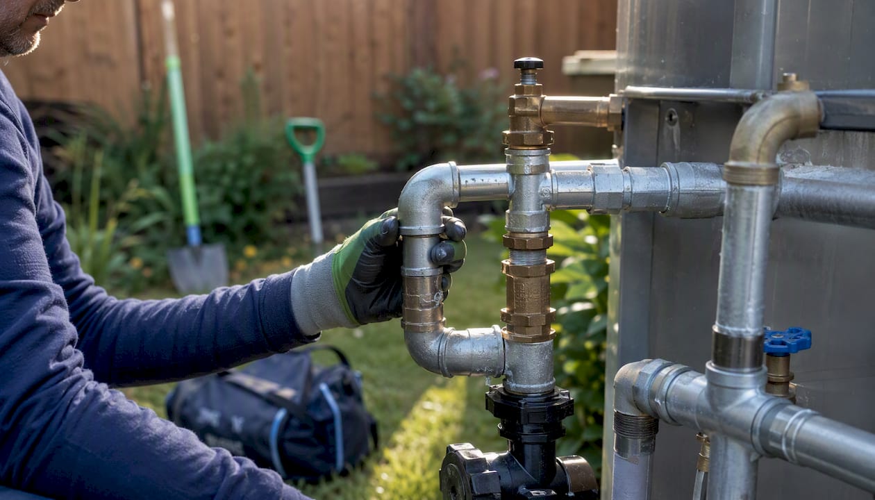 Technician inspecting pipe joints in basement