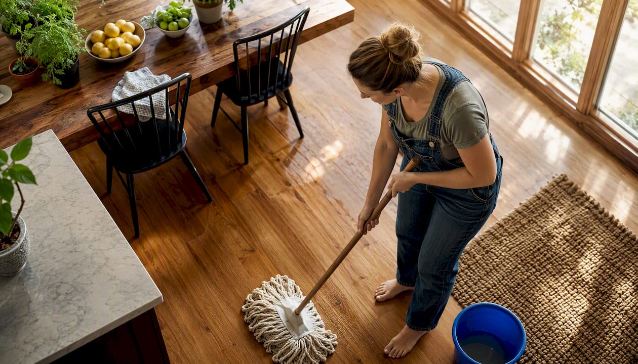 Homeowner cleaning hardwood floor with mop