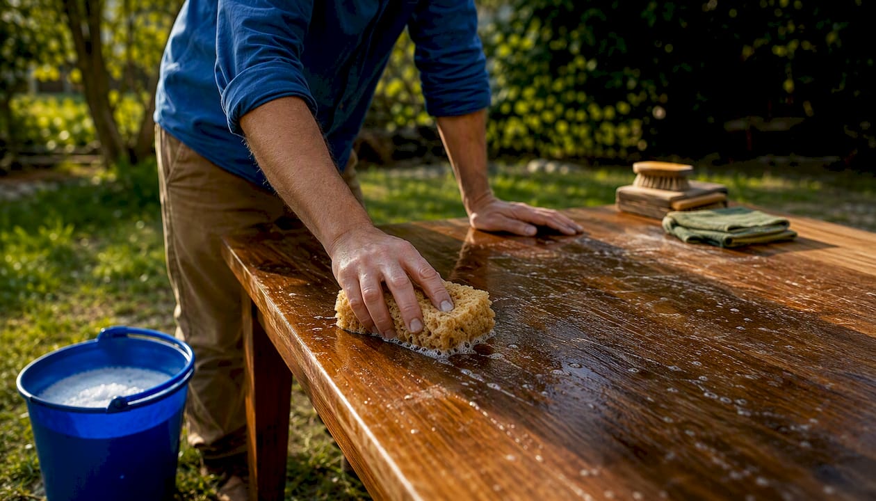 Hands scrubbing wood surface with oil soap
