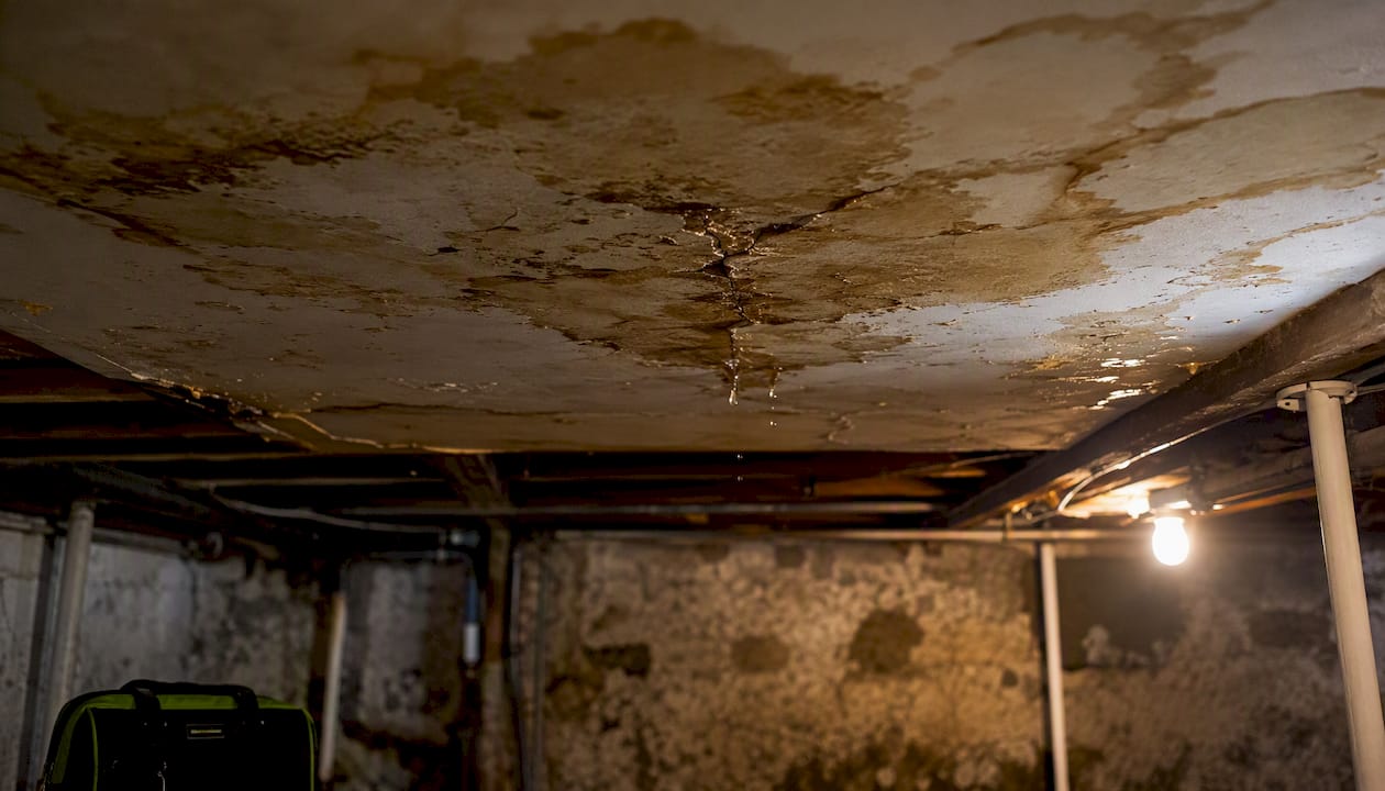 Close-up of ceiling water damage stain rings