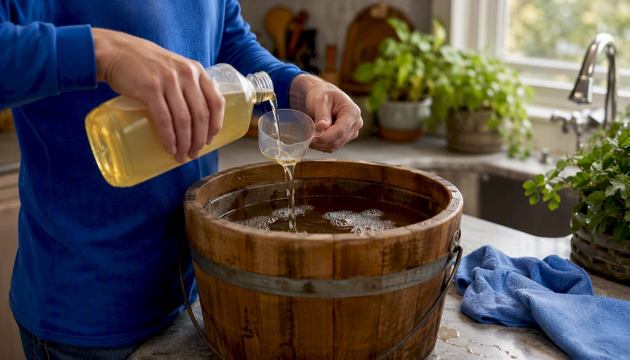 Hands measuring and mixing cleaning solution
