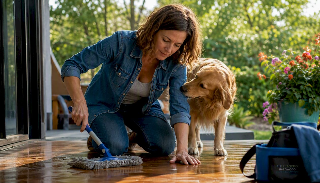 Woman cleaning floor near pet dog